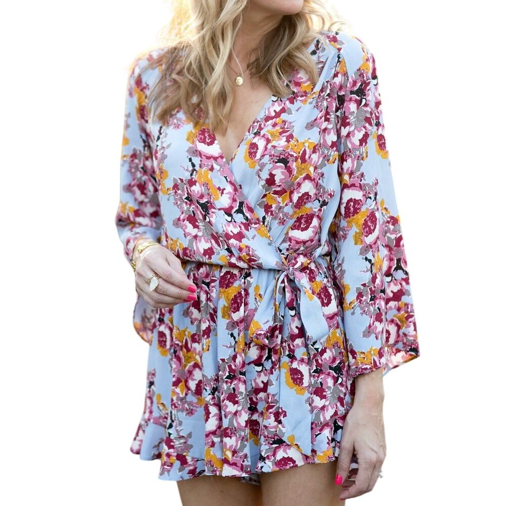 ASTR Romper Womens M Multicolor‎ Surplice Wrap Front Floral Modern Boho Festival
